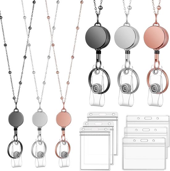 Set van 3 Uittrekbare Badge Reel Lanyards met ID Houder, Transparante Kaarthouder en Sleutelhanger - Waterdichte Naamkaart Houder in Roze Goud, Zwart en Zilver