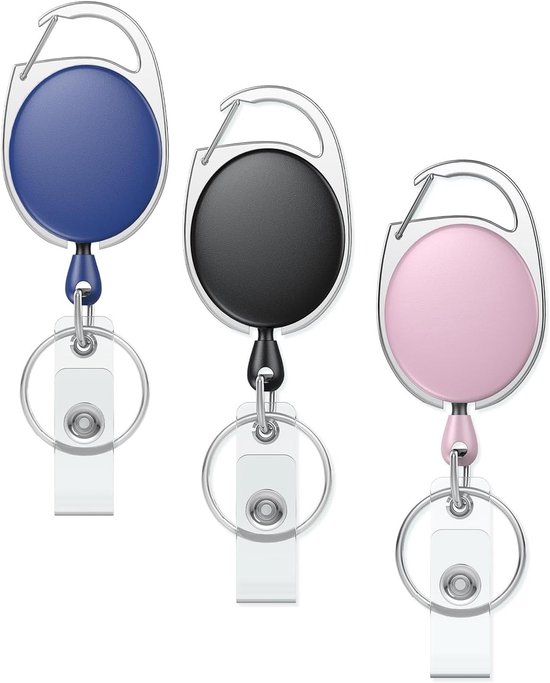 Set van 3 Uittrekbare Badge Reel voor Badgehouder in Roze, Blauw en Zwart - Stevige Sleutelhanger met RVS Veer, 24 Inch Nylon Koord en Karabijnhaak voor Werk en Evenementen