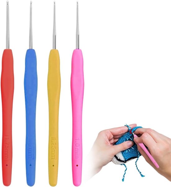 Set van 4 comfortabele haaknaalden met grip voor breien van diverse stoffen, maten 1/1,25/1,5/1,75 mm, ideaal voor haken en creatief handwerk.