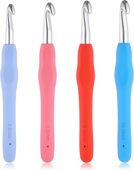 Set van 4 ergonomische haaknaalden 7mm 8mm 9mm 10mm in verschillende kleuren, ideaal voor beginners om truien, sjaals en mutsen te haken