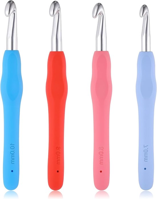 Set van 4 ergonomische haaknaalden 7mm, 8mm, 9mm, 10mm in verschillende kleuren met zachte handgreep voor beginners, ideaal voor het haken van truien, sjaals en mutsen