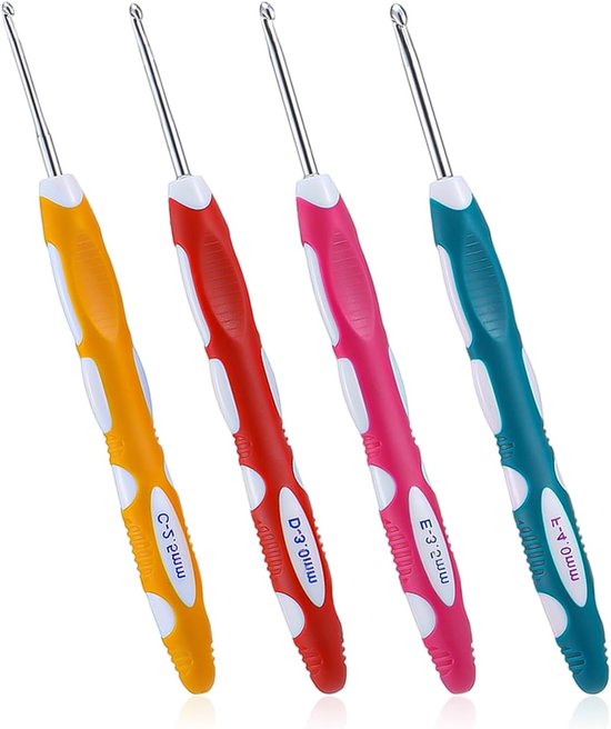 Set van 4 Ergonomische Haaknaalden van RVS met Kleurrijke Siliconen Handgreep - Ideaal voor Beginners, Sjaals en Creatief Haken (2.5, 3, 3.5, 4 mm)