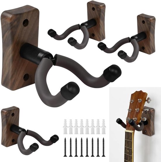 Set van 4 gitaarhouders, wandhouder, hout, gitaarhouder, gitaarstandaard, haak, gitaar, muur voor akoestische gitaar, klassieke gitaar, bas, elektrische gitaar