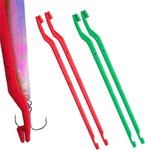 Set van 4 handige haak en lus gereedschappen voor vissen - snel knopen maken, plastic disgorger en visgerei accessoires in roze en groen van Merkloos