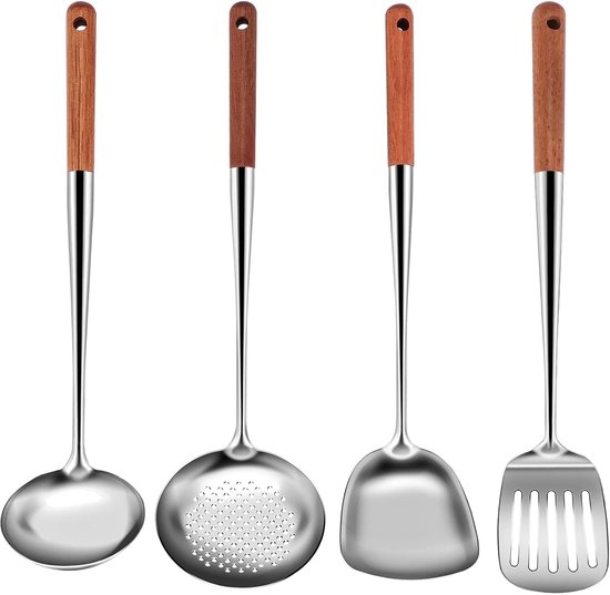 Set van 4 keukenhulpen van roestvrij staal, wokaccessoires met houten handvat, lange spatel, spatel, pollepel, kookgereedschap