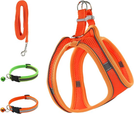 Set van 4 kleine hondentuigen en lijnen met reflecterende banden, ademend mesh en 2 halsbanden voor puppy's en katten, ideaal voor de zomer