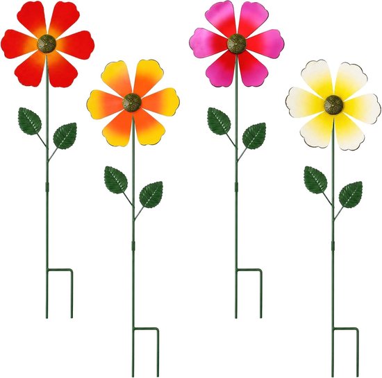 Set van 4 kleurrijke windmolens voor de tuin, metalen windspinner tuindecoratie voor balkon en terras, 58 x 16 cm