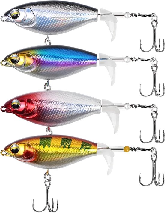 Set van 4 Kunstmatige Topwater Wobblers voor Forel, Zander en Snoek - 8 cm Zwem Bait met Propellerstaart en Drievoudige Haken - Realistische Aas voor Zoet- en Zoutwater vissen
