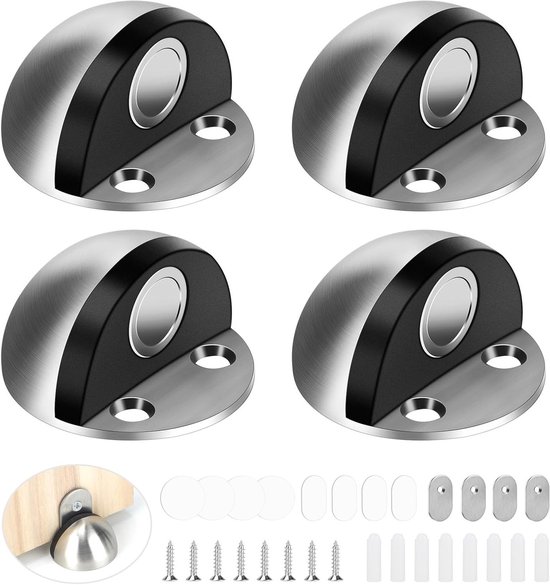 Set van 4 Magnetische Deurstoppers van RVS met Plakstickers en Schroeven, Ideaal voor Wand- en Deurbescherming tegen Schade