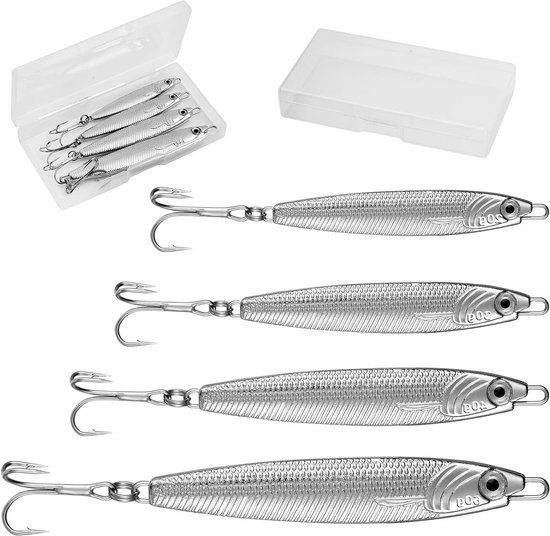 Set van 4 Metalen Zeevis Lures met Driepunts Haken voor Snoek, Makreel en Kabeljauw, Ideaal voor Zee- en Zoetwater Visserij