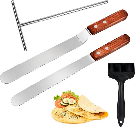 Set van 4 pannenkoekverdelers van 304 roestvrij staal, pannenkoekenpannenkoeken, accessoires, spatel en pastastandaard in T-vorm siliconen borstel, anti-aanbak-keukengerei voor pannenkoeken en taarten