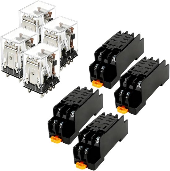 Set van 4 relais met basis, AC 220V spoel, 10A prestaties en LED-indicatoren voor betrouwbare schakeling