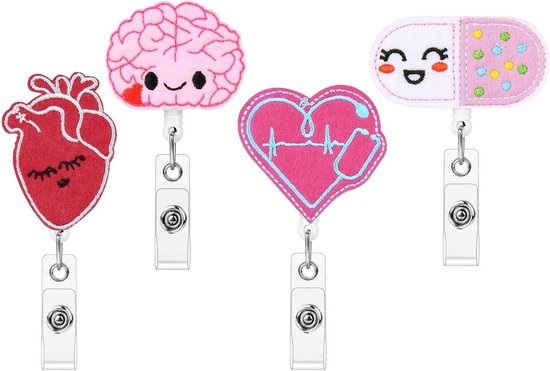 Set van 4 Retractable Badge Reels van Vilt, Schattige ID Badge Houder met Lanyard Clips voor Verpleegkundige, Arts, Leraar en Student
