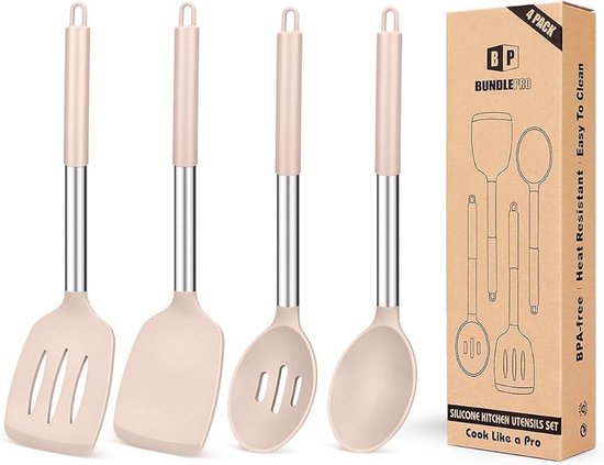 Set van 4 siliconen kookgerei-set, niet-klevende grote massieve spatels, hittebestendig roestvrij staal kaki sleuflepels, ideale BPA-vrije keukendraaiers voor frituren, mengen, serveren, aftappen,