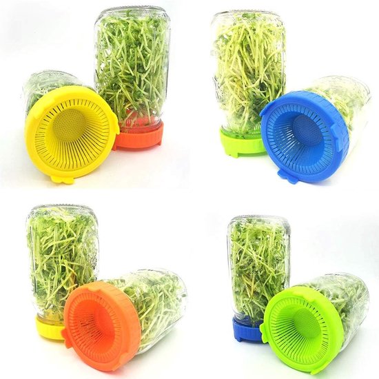 Set van 4 Spruitdeksels voor Microgroenten - Gemakkelijk Spoelen en Afvoeren, Kleurige Plastic Opbergdeksels voor Potten met Brede Opening en Ideaal voor Groenten van Merkloos