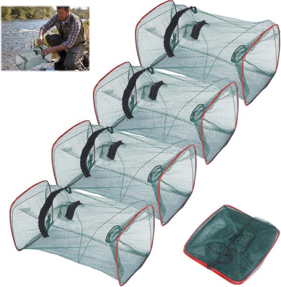 Set van 4 stuks opvouwbare kreeftenfuiken, groene visval met stevig metalen frame, zonder touw, voor rivierkreeftjes en aasvisjes