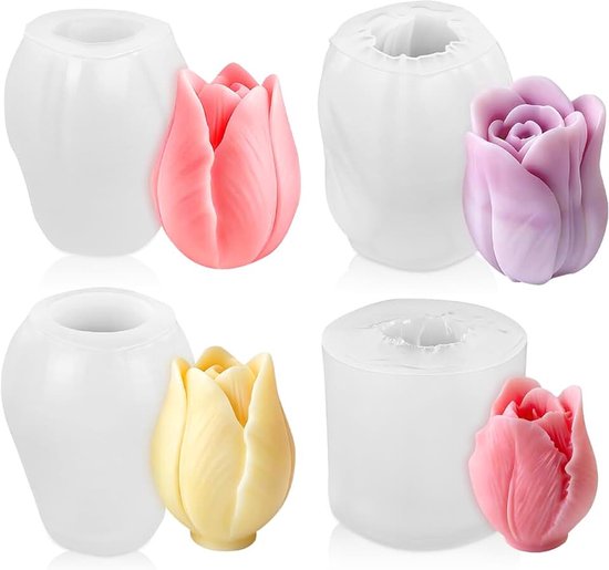 Set van 4 tulpen siliconen vormen om te gieten, 3D-bloemen, kaarsgietvorm voor kaarsen, zeep en gietpoeder, herbruikbare epoxyhars en fondantvorm