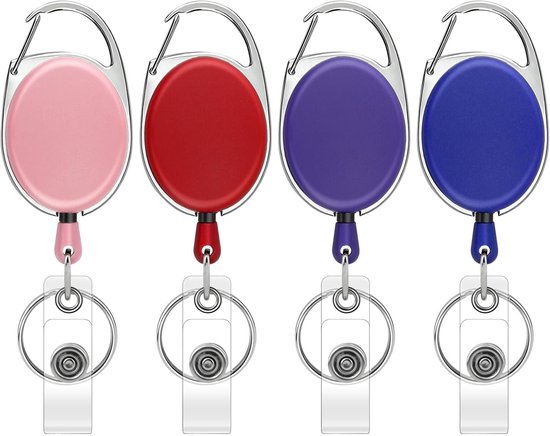 Set van 4 Uittrekbare Badge Reel Houder, ID Kaart Lanyard, Sleutelhanger voor Werk en Evenementen (Blauw, Paars, Rood, Roze)
