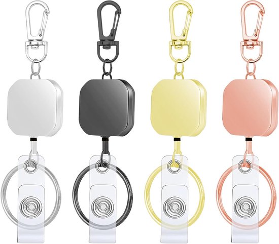 Set van 4 Uittrekbare Badge Reel met Robuuste Carabiner en Sleutelhanger - 37cm Koord voor ID Kaarten, Sleutels en Werkgebruik in Kantooromgeving
