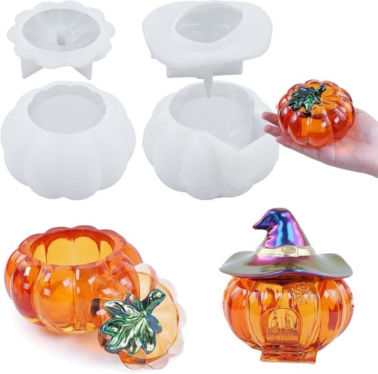 Set van 4 WISIRENT pompoen siliconen vormen - Pompoen siliconen vorm - Siliconen kaarshouder - Voor herfst en Halloween - Met deksel - Om te knutselen, zeep