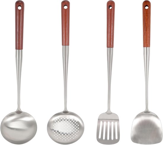 Set van 4 wok-gebruiksvoorwerpen, roestvrij staal, 43 cm lang, hittebestendig houten handvat, wok-spatel, sleufspatel, lepel, keukenschuimer, vaatwasmachinebestendig, professioneel keukengereedschap