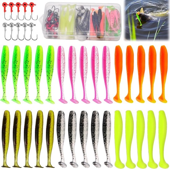 Set van 40 Neppaasjes van Zacht Plastic voor Baarsvissen - Inclusief Rubber Aas voor Zoet- en Zoutwater Vissen, Visaccessoires en Hengelsportmateriaal