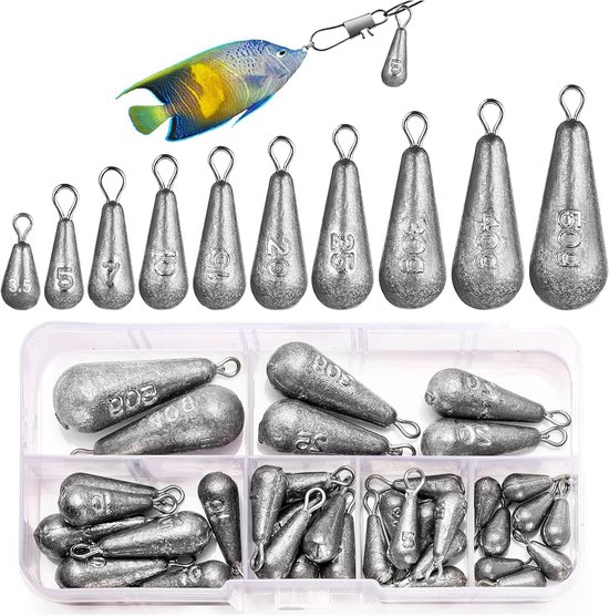 Set van 40 parelvormige loodjes - 10 maten - drop shape - visgewichten - 3.5g - 5g - 7g - 10g - 15g - 20g - 25g - 30g - 40g - 50g - visserslood - zinkers - gewichten - grondlood - voor vissen in de open lucht van FISHIN' PLANET