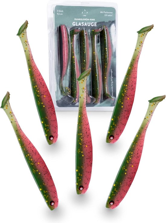 Set van 5 Gummi Visjes met Glazen Ogen - UV Actief & Gearomatiseerd Lubbere Aas voor Snoekbaars en Baars