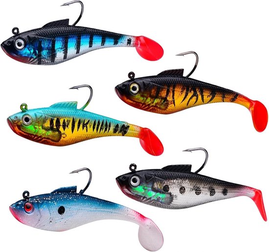 Set van 5 Gummi Vissen met Jigkoppen - Zachte Aas voor Roofvissen zoals Snoek, Baars en Forel (8cm) - Perfect voor Zoet- en Zoutwater Vissen