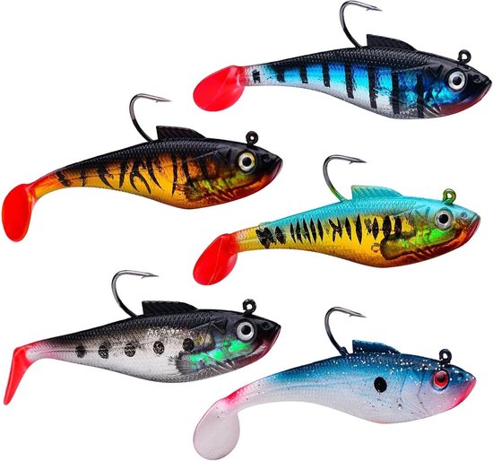 Set van 5 Gummi Vissers met Jigkoppen - Zachte Aas voor Roofvissen zoals Snoek, Baars en Forel (8cm) - Ideaal voor Zoet- en Zoutwatervisserij van Merkloos