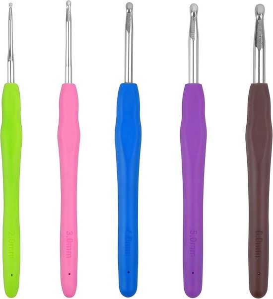 Set van 5 Haaknaalden 2mm tot 6mm met Kleurrijke Siliconen Handgreep voor Beginners en Gevorderden, Ergonomisch Ontwerp voor Comfortabel Haken
