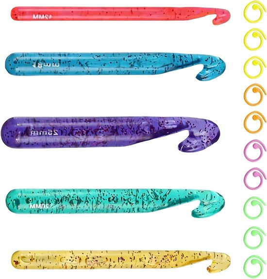 Set van 5 Haaknaalden in Transparant Groen 12mm-25mm - Dikke Haaknaalden met Metalen Marker Clips voor Haken van Sweaters en Vloerkleden