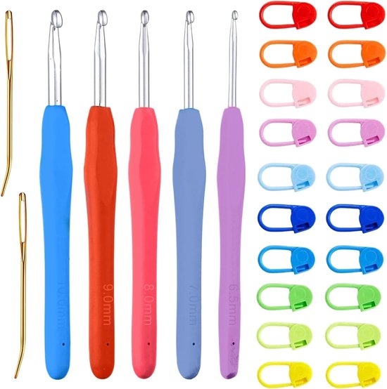 Set van 5 Haaknaalden Maten 6,5 mm tot 10 mm met 20 Viltstiften en 2 Wolnaalden voor Creatief Haken en Breien