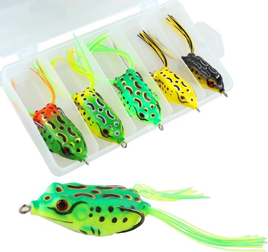 Set van 5 oppervlakte-aassoorten, met aasdoos, oppervlaktevistuig, crankbait, kunstmatige zachte kikker aassoorten, geschikt voor baars- en slangvisvissen, haakbestendige zachte aassoorten voor zoetwater.