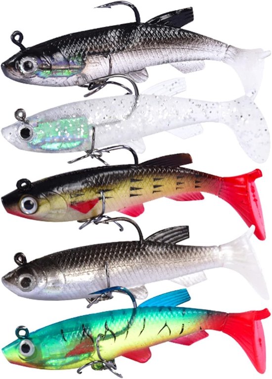 Set van 5 Rubber Vissen Lures voor Snoekbaars, Jig Spinner Bait met Flitslicht voor Effectieve Visvangst