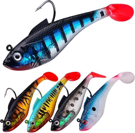 Set van 5 Rubberen Kunstaas met Jigkop voor Forel, Snoekbaars en Baars, Paddlestaart voor Zoet en Zoutwater (11 cm)