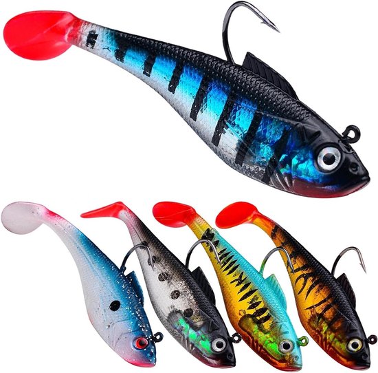 Set van 5 rubberen visaas met jigkop, ideaal kunstaas voor forel, snoekbaars en baars, perfect voor zoet en zout water (11 cm) van Merkloos