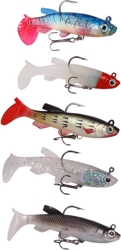 Set van 5 rubberen visaas voor snoekbaars, ideaal voor vissen, vergemakkelijkt de vangst en verhoogt de kans op succes