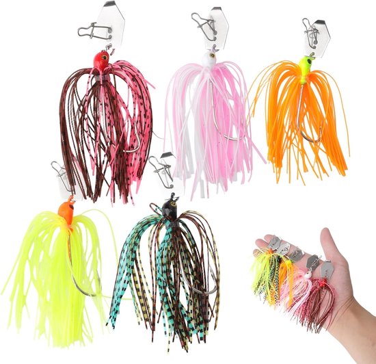 Set van 5 Spinnerbaits voor Snoekvissen – Chatterbait met 3D Ogen, Siliconen Rok en Scherpe Haak – Perfect voor Snoek, Forel en Vissen in Meren en Rivieren