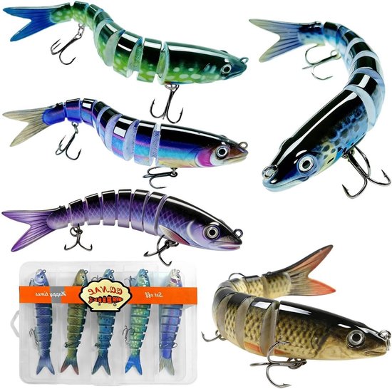 Set van 5 stuks vishengels met vleesaas in stevige doos voor snoek, baars en forel, geschikt voor zoet- en zoutwater, 13.5 cm, 19 g