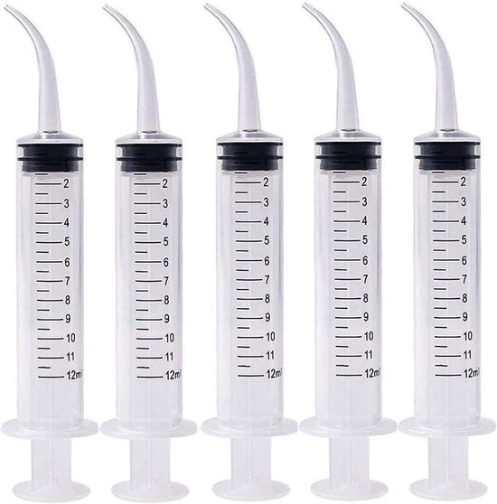 Set van 5 tandarts spuiten van 12 ml met gebogen tip | Gebogen mondspoelspuit | Herbruikbare plastic spuit voor mondverzorging en tandheelkunde