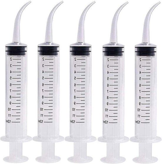 Set van 5 tandarts spuiten van 12 ml met gebogen tip | Gebogen mondspoelspuit | Herbruikbare plastic spuit voor mondverzorging