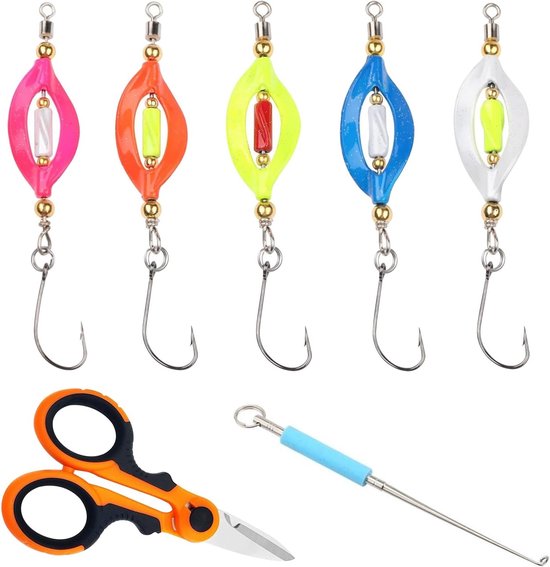 Set van 5 UV Actieve Forel Aas Twister Spinner 3g met Glanzende Forel Haken, Aas Lepel en Vishaakverwijderaar en Schaar - Onmisbare Visaccessoires voor Succesvolle Vissessies