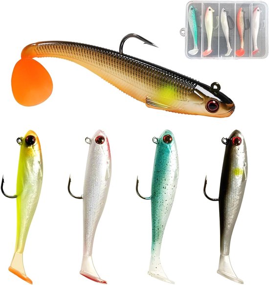 Set van 5 zachte kunstaas voor zeevissen - Perfect voor karper, snoek en forel met jigkop en T-staart, 9cm/12.3g, ideaal voor zoet- en zoutwater vissen van Merkloos
