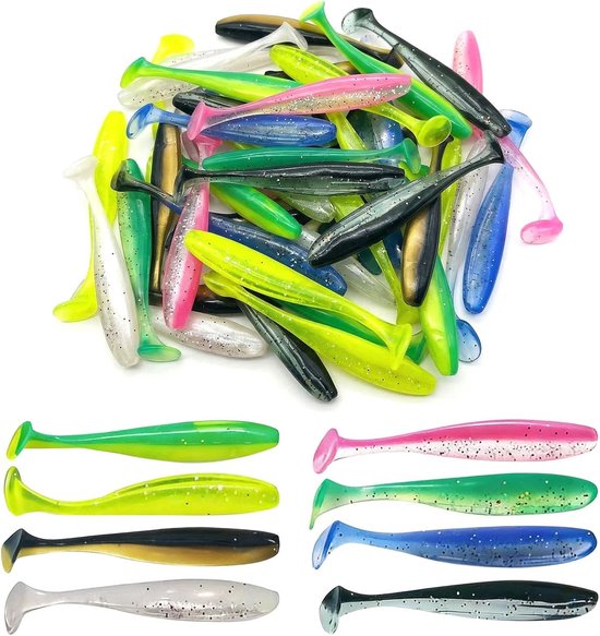 Set van 50 Rubber Vissersaas 7.5cm met Reflecterende Sequins - Zwemend Bait Kit met Dubbele Verborgen Haakslots voor Baars, Zander en Forel