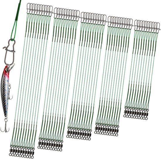 Set van 50 Stalen Voorzakken voor Snoekvissen met Carabiner en Vertebra - 5 Maten, Roestvrijstalen Vissaccessoires, Bijtbestendig en Duurzaam, Groene Kleur 10/15/20/25/30 cm van Merkloos