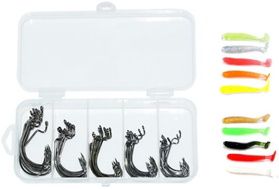 Set van 50 Vis haken met 10 Zachte Aas, Inclusief Opbergdoos