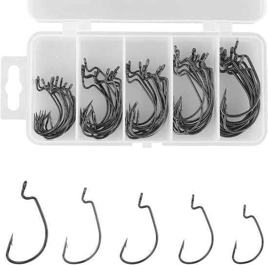 Set van 55 Vis haken, Offset Worm Jig Haken in 5 Groottes