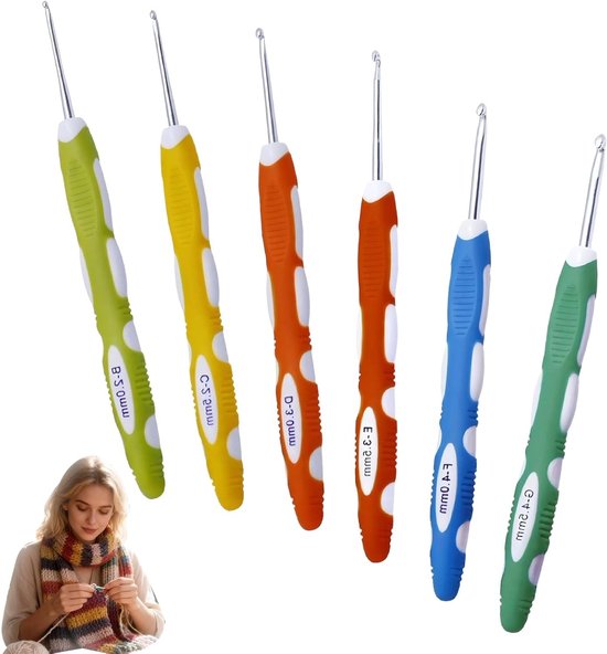 Set van 6 Breihaken – Aluminium Haaknaalden met Zachte Rubber Handgreep 2-4,5 mm, Ergonomisch Ontwerp voor Beginners en Gevorderden, Ideaal voor Haken en Breien van Merkloos