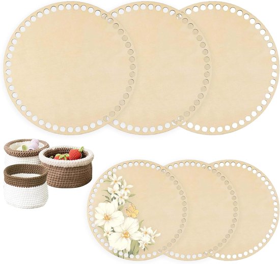 Set van 6 Houten Bodems voor Mandjes, 15/20 cm, Ideaal voor Haken en DIY Handtassen, Natuurlijk Hout met Gaten van Merkloos